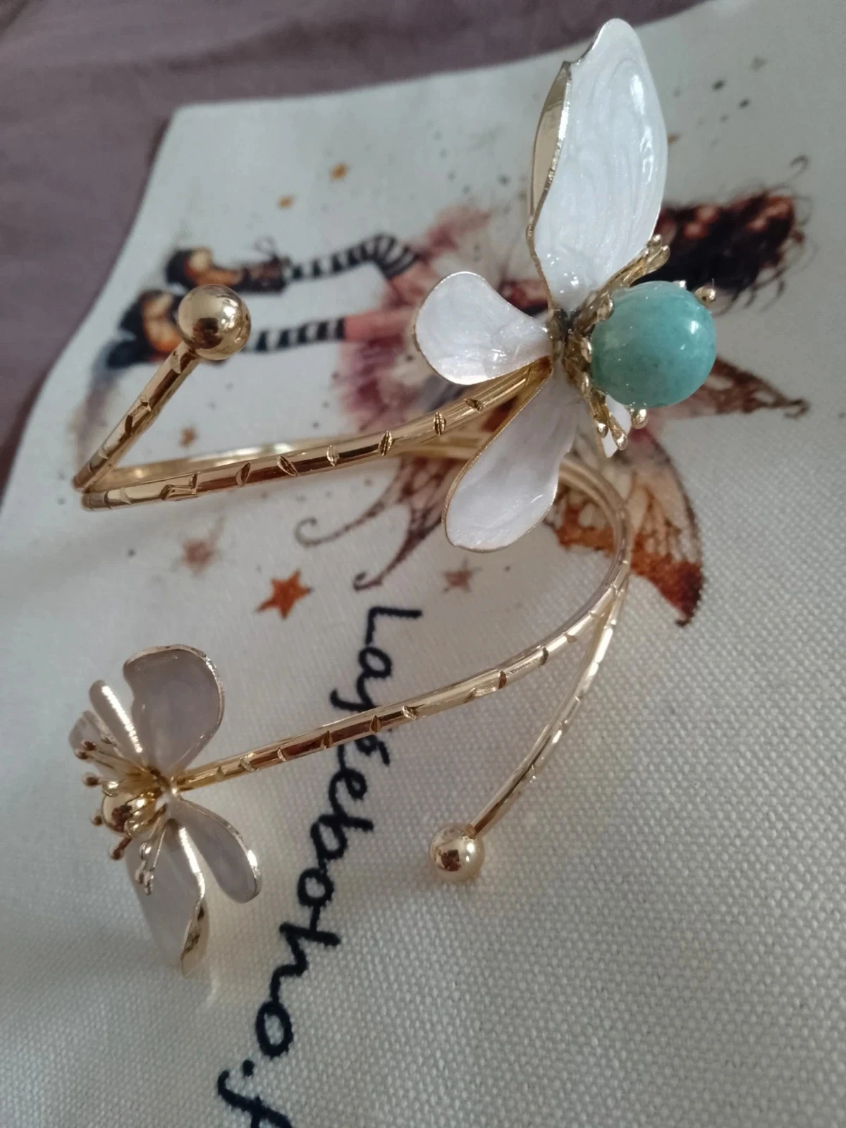 Bracelet bohème pierre d'amazonitevet fleurs blanches – photo 2